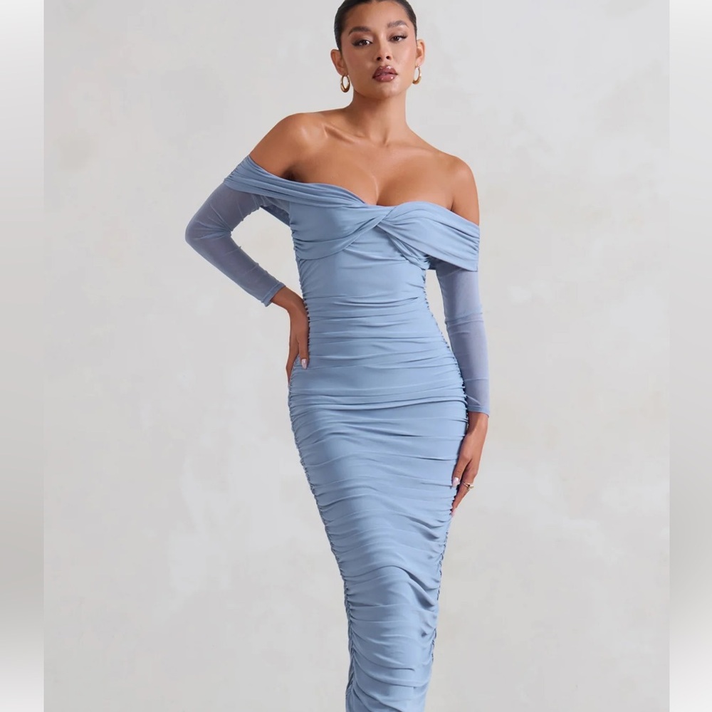 Club L London Off-Shoulder Blue Midi Dress